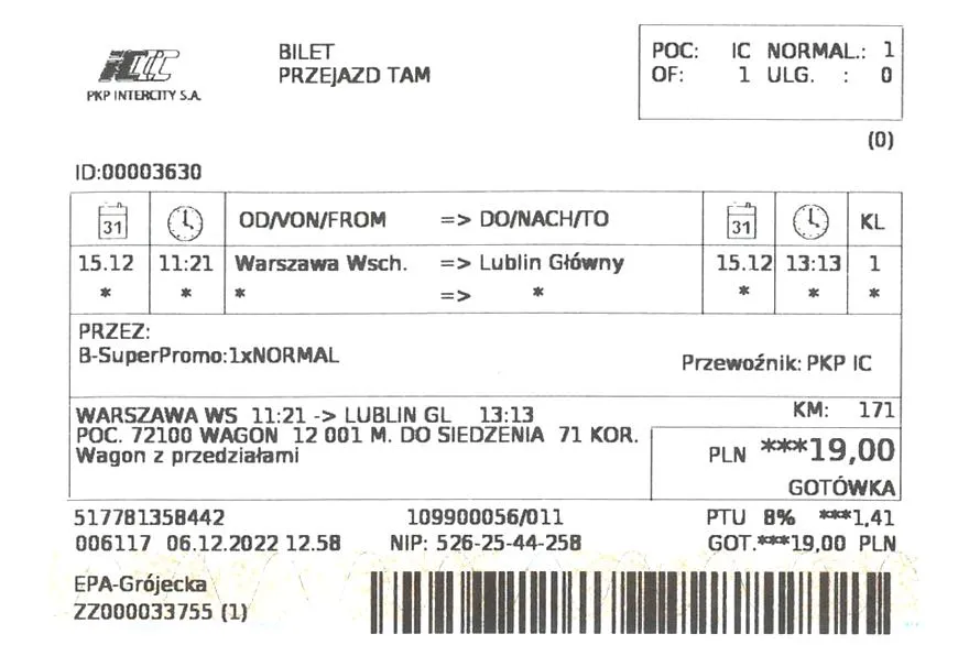 Numer biletu PKP Intercity